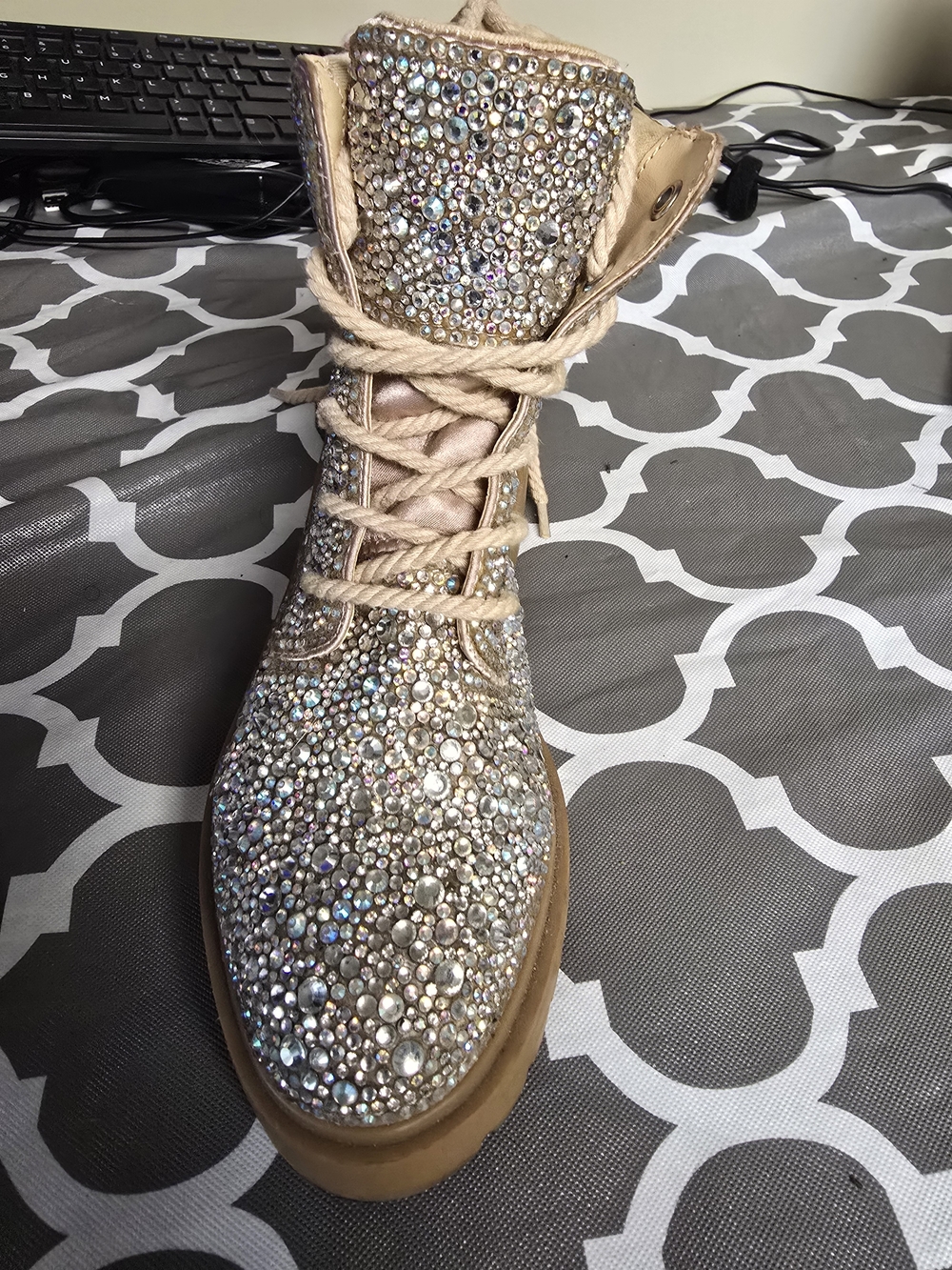 Betsey Johnson Beige Rhinestone Lace-Up Women's Boot